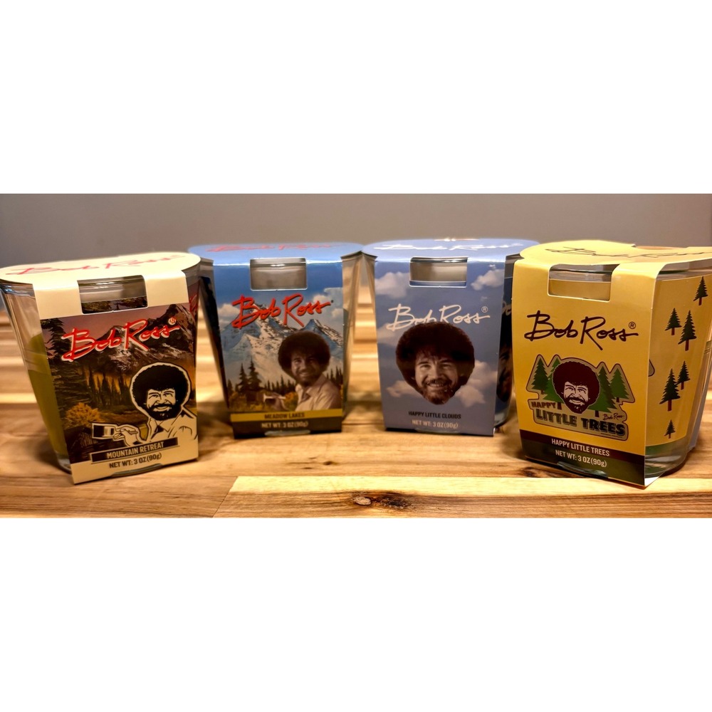 Bob Ross Scented Candle Set 4 Pack 3oz Mountain Retreat Meadow Lakes Happy Trees
